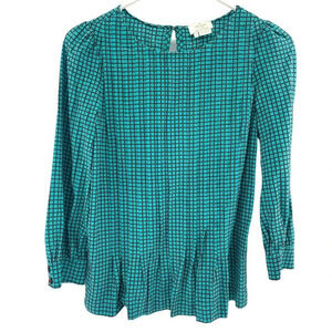Kate Spade Blouse Silk Blend Checker Pleated Peplum Keyhole Back Size 2
